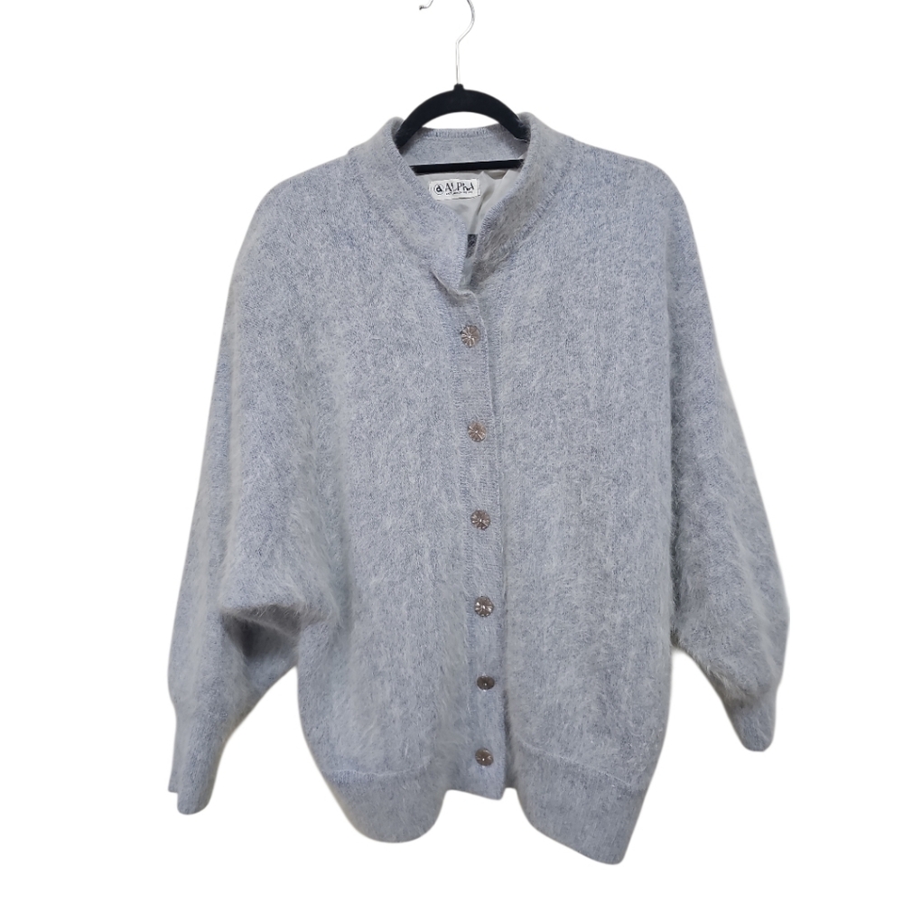 Alpha Vintage Gray Buttondown Cardigan Dolman Sleeves 80% Angora 20% Acrylic